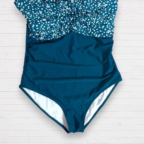 BLOOMCHIC Teal Ditsy Floral Patchwork Gathered Floral Swimsuit Swim Suit L 12 - Picture 5 of 8